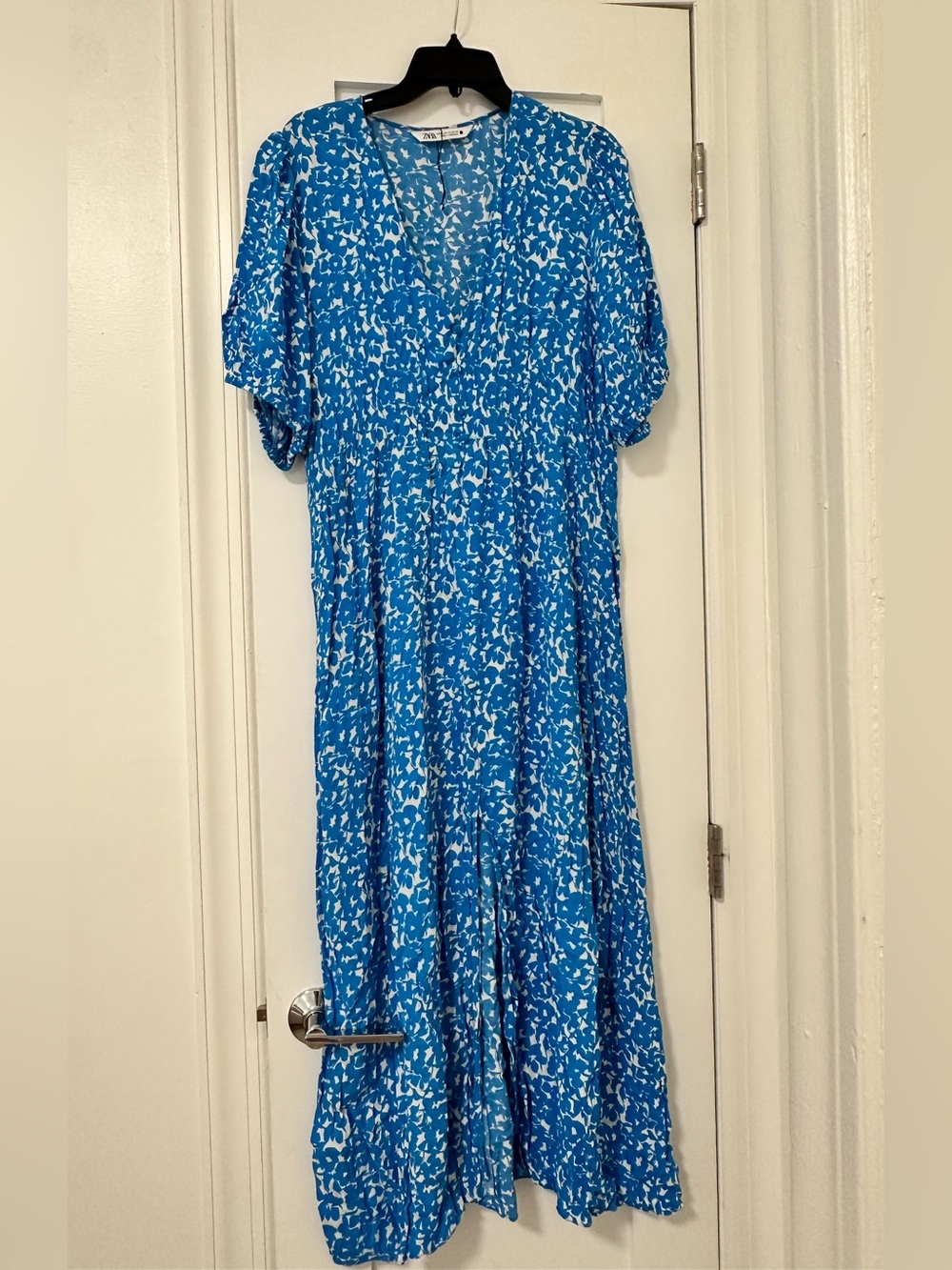 Zara Blue and White Floral V-Neck Maxi Dress